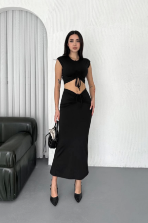Deluxerie Deluxerie Deluxerie Deluxerie Deluxerie Kadın Siyah Büzgülü Crop ve Etek İkili Takım MF-MF-MF-MF-MF-152176